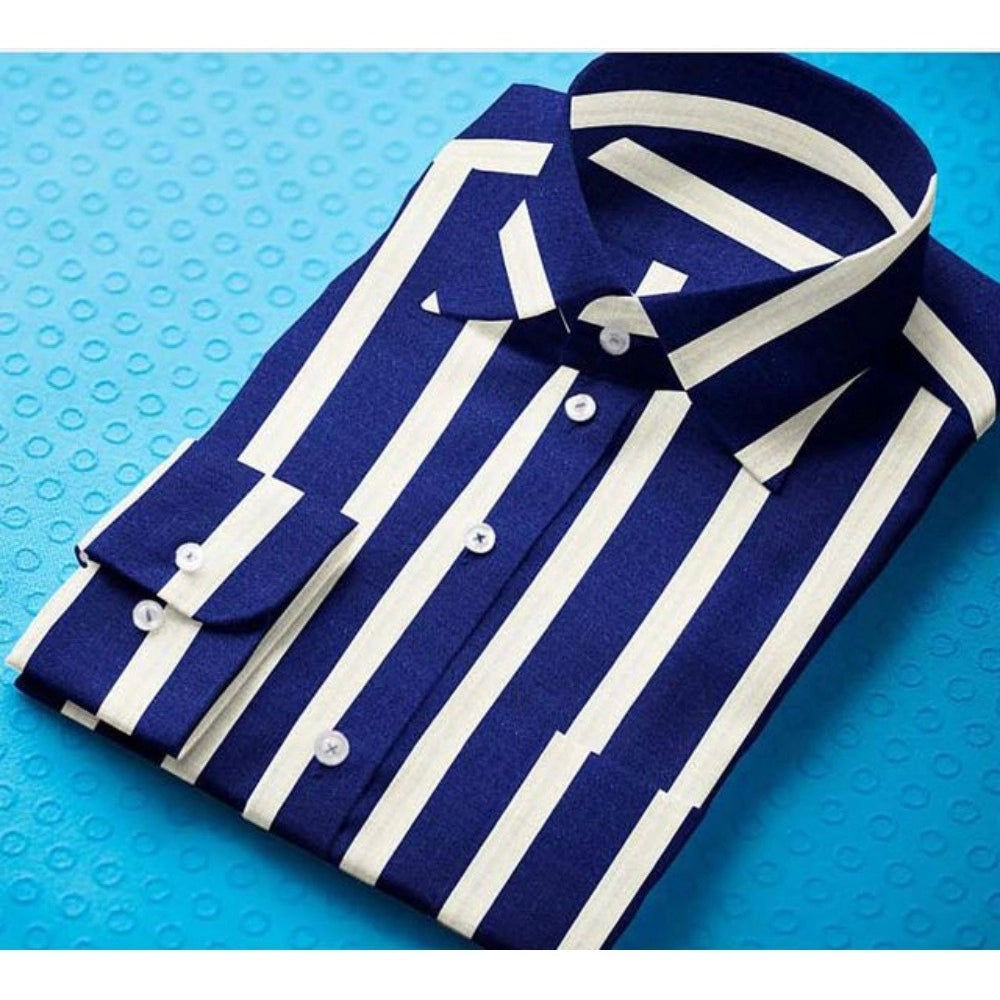 Men's Cotton Blended Striped Full Sleeve Shirt — White-Blue