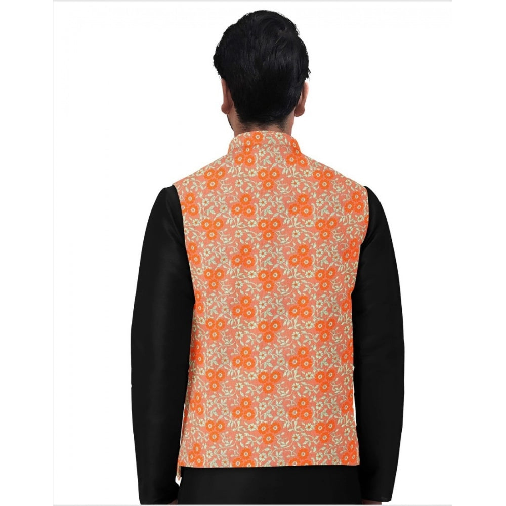 Men's Jacquard Printed Full Sleeve Waistcoat — Orange