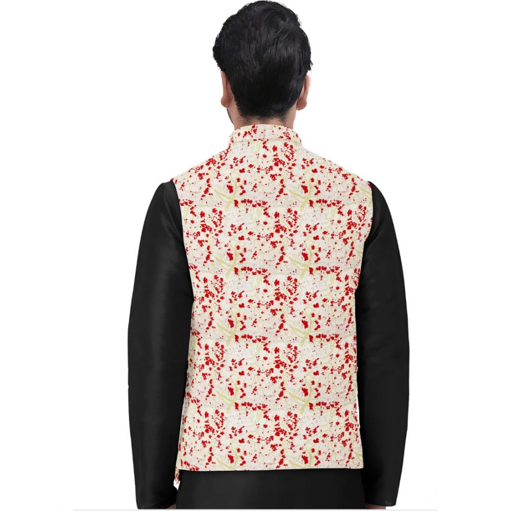 Men's Jacquard Printed Full Sleeve Waistcoat — Red-Beige