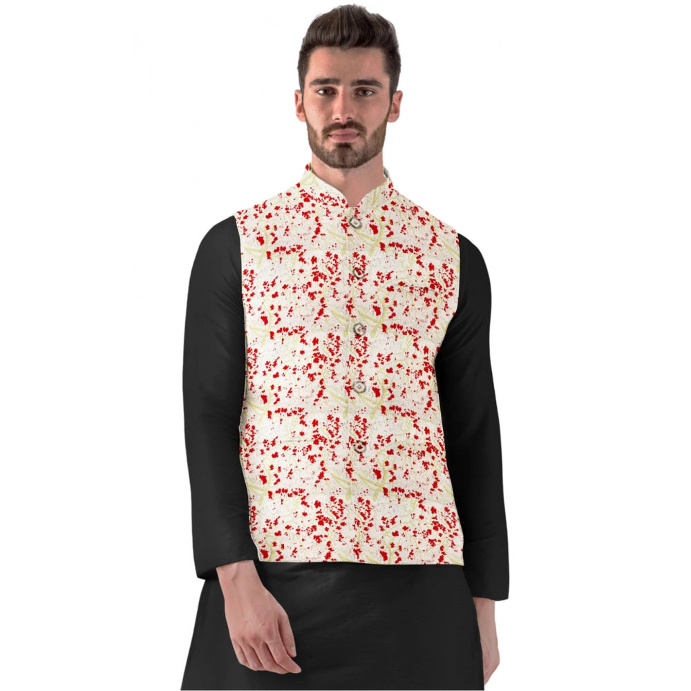 Men's Jacquard Printed Full Sleeve Waistcoat — Red-Beige