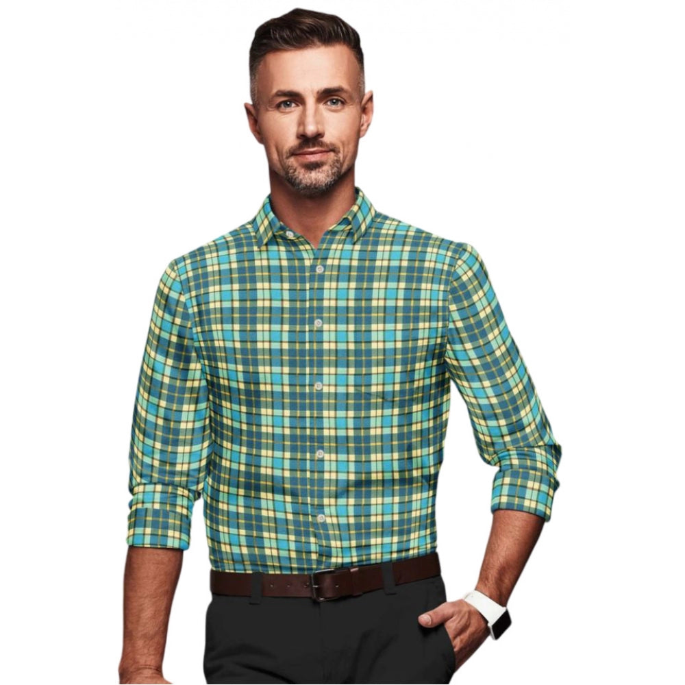 Men's Cotton Blended Checked Full Sleeve Shirt — Green-Yellow