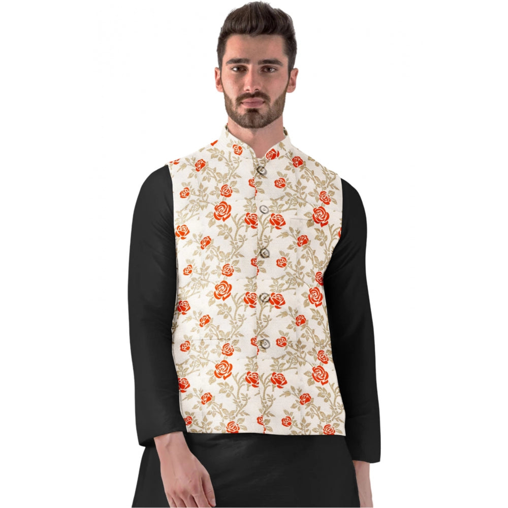 Men's Jacquard Printed Full Sleeve Waistcoat — Orange-Beige