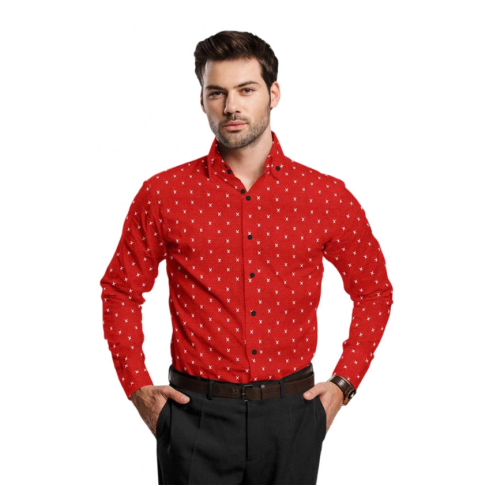 Men's Cotton Blended Printed Full Sleeve Shirt — Red