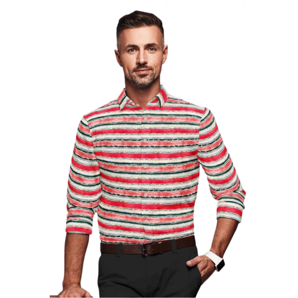 Men's Cotton Blended Striped Full Sleeve Shirt — Red-White