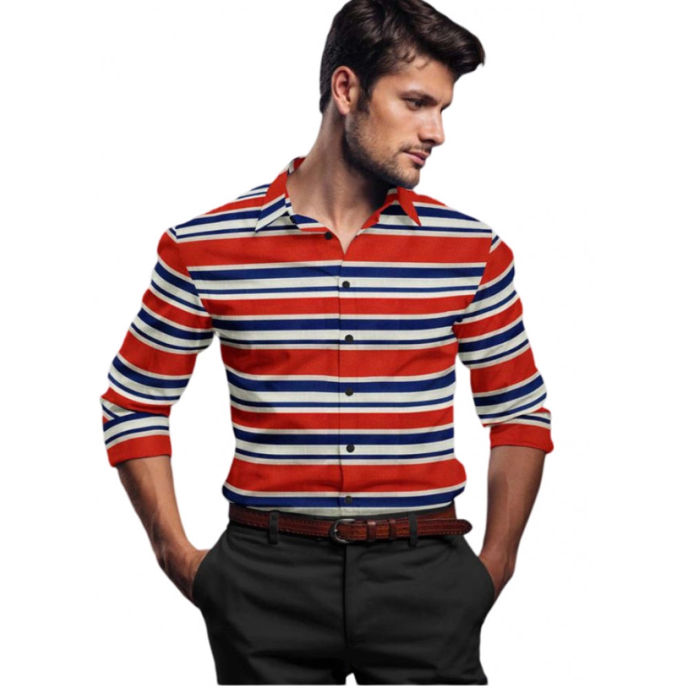 Men's Cotton Blended Striped Full Sleeve Shirt — Red-Blue