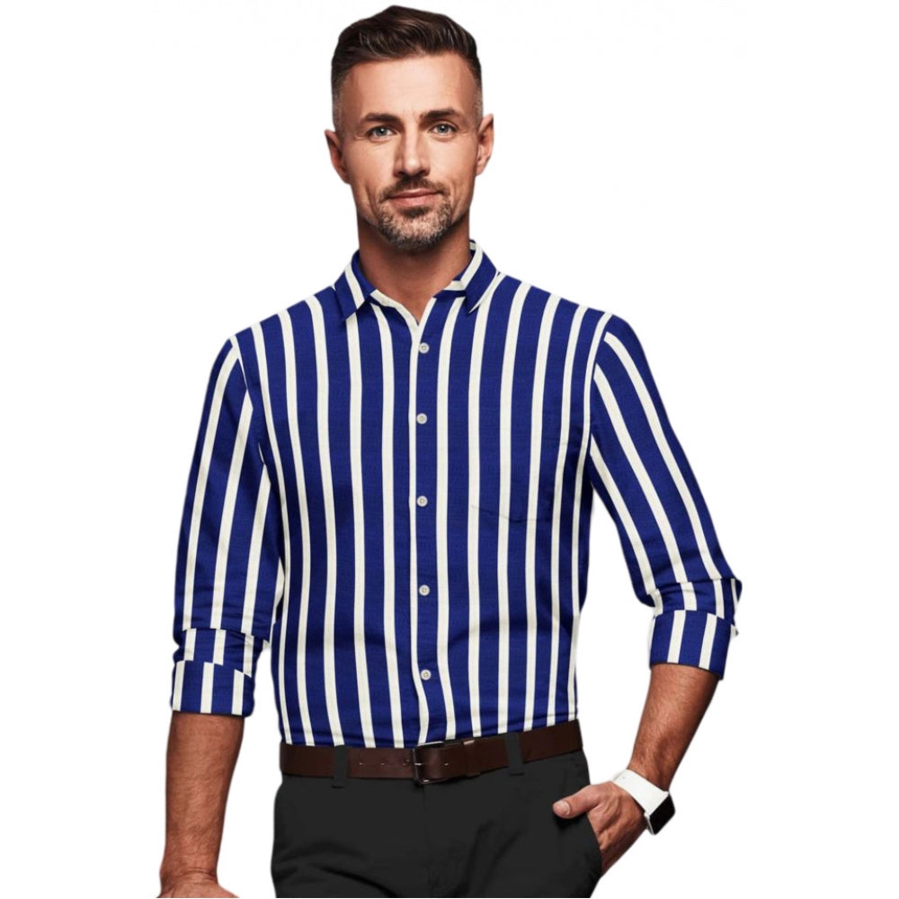 Men's Cotton Blended Striped Full Sleeve Shirt — White-Blue