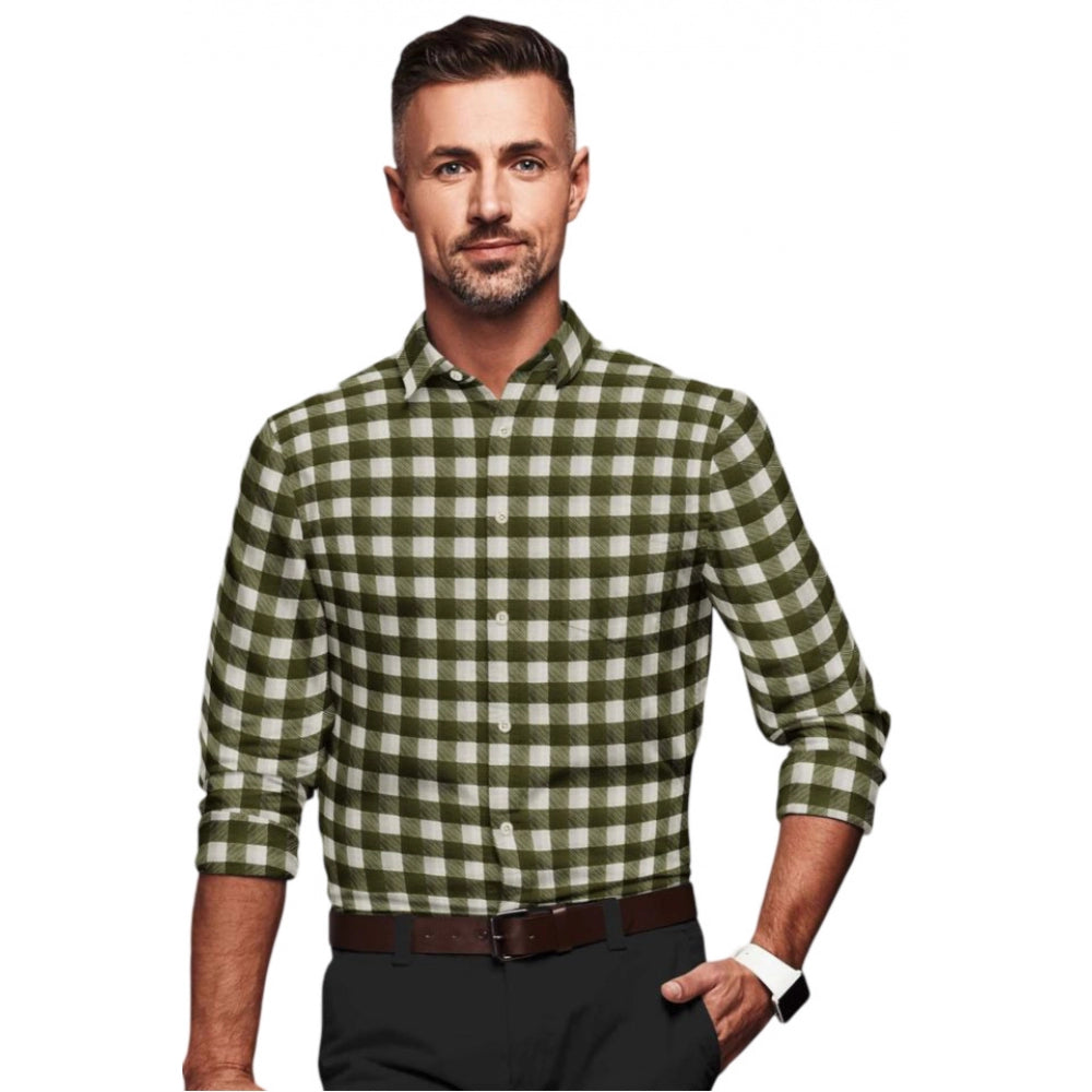 Men's Cotton Blended Checked Full Sleeve Shirt — White-Green