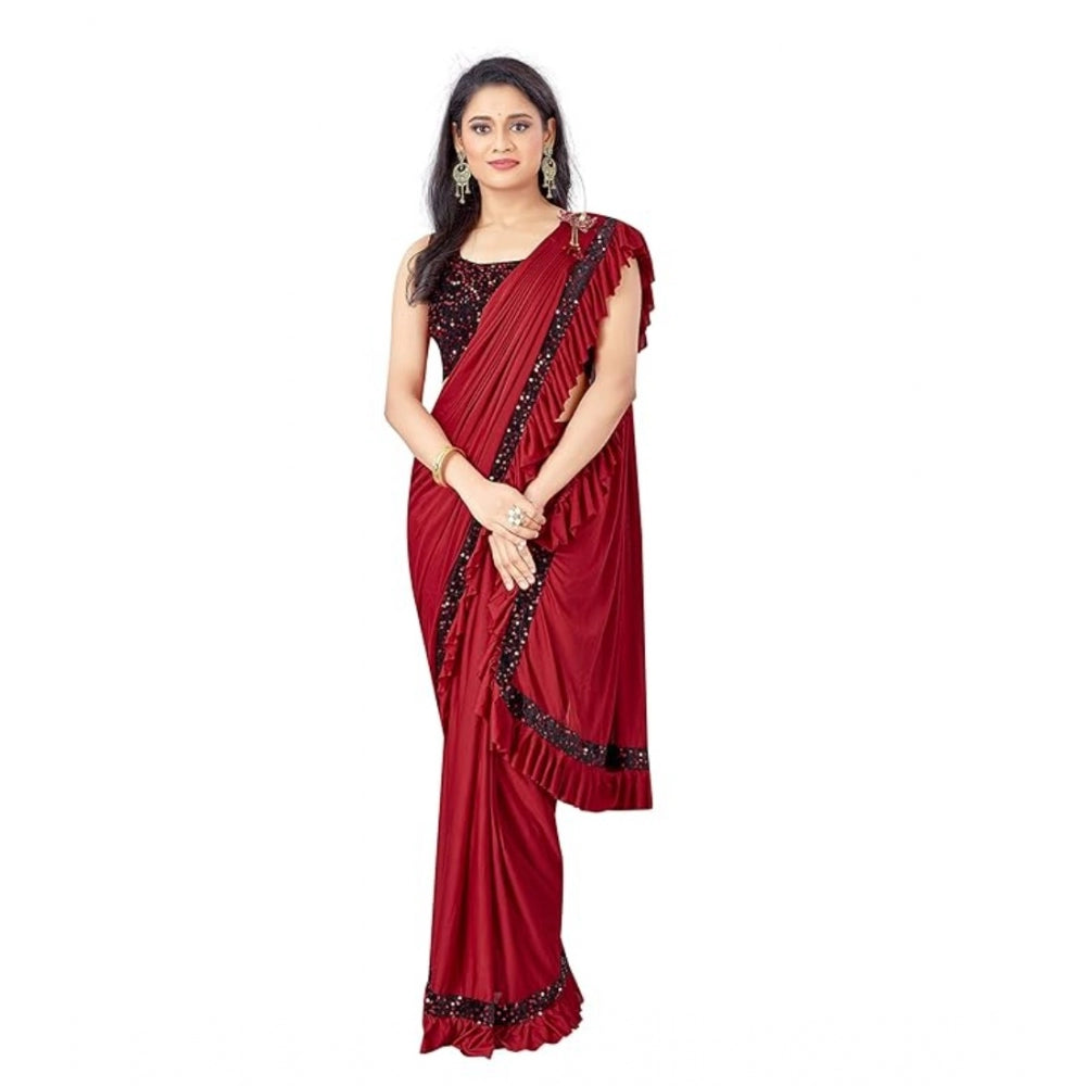 Women's Lycra Solid Saree — Red