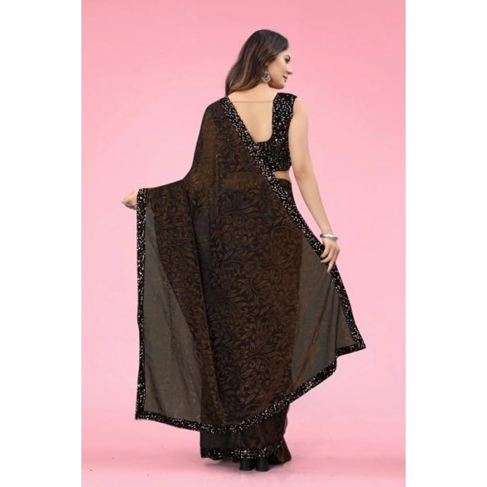 Women's Lycra Floral Saree — Brown