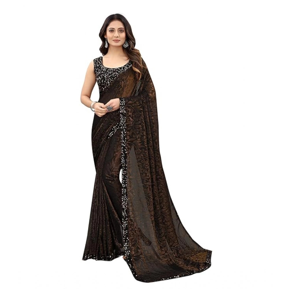 Women's Lycra Floral Saree — Brown