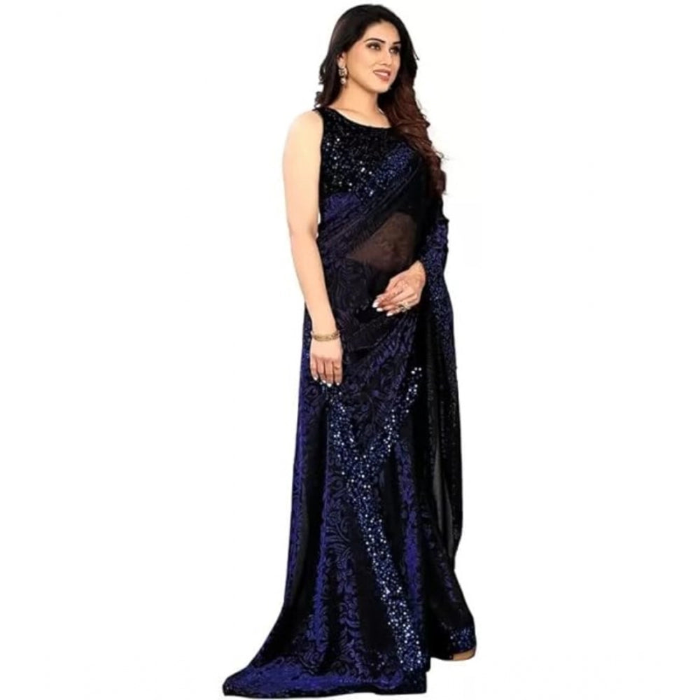 Women's Lycra Floral Saree — Blue · Blue