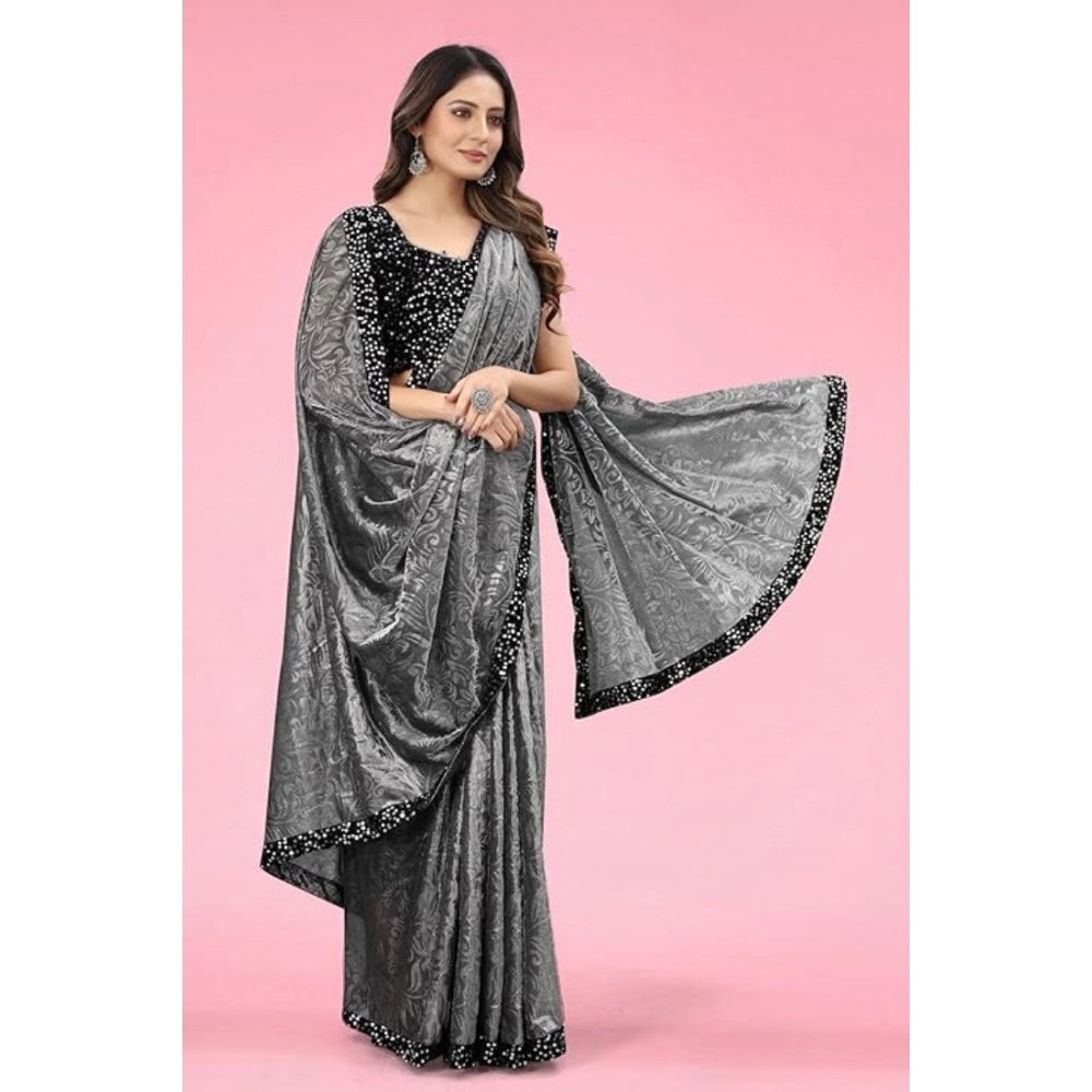 Women's Lycra Floral Saree — Grey