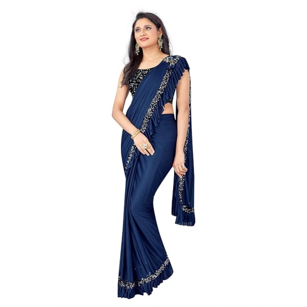 Women's Lycra Solid Saree — Nay Blue