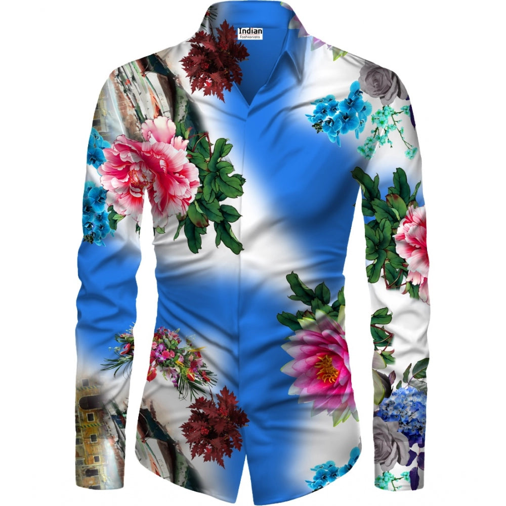 Men's Casual Floral Printed Cotton Blend Unstitched Shirt Fabric — Blue · 1028