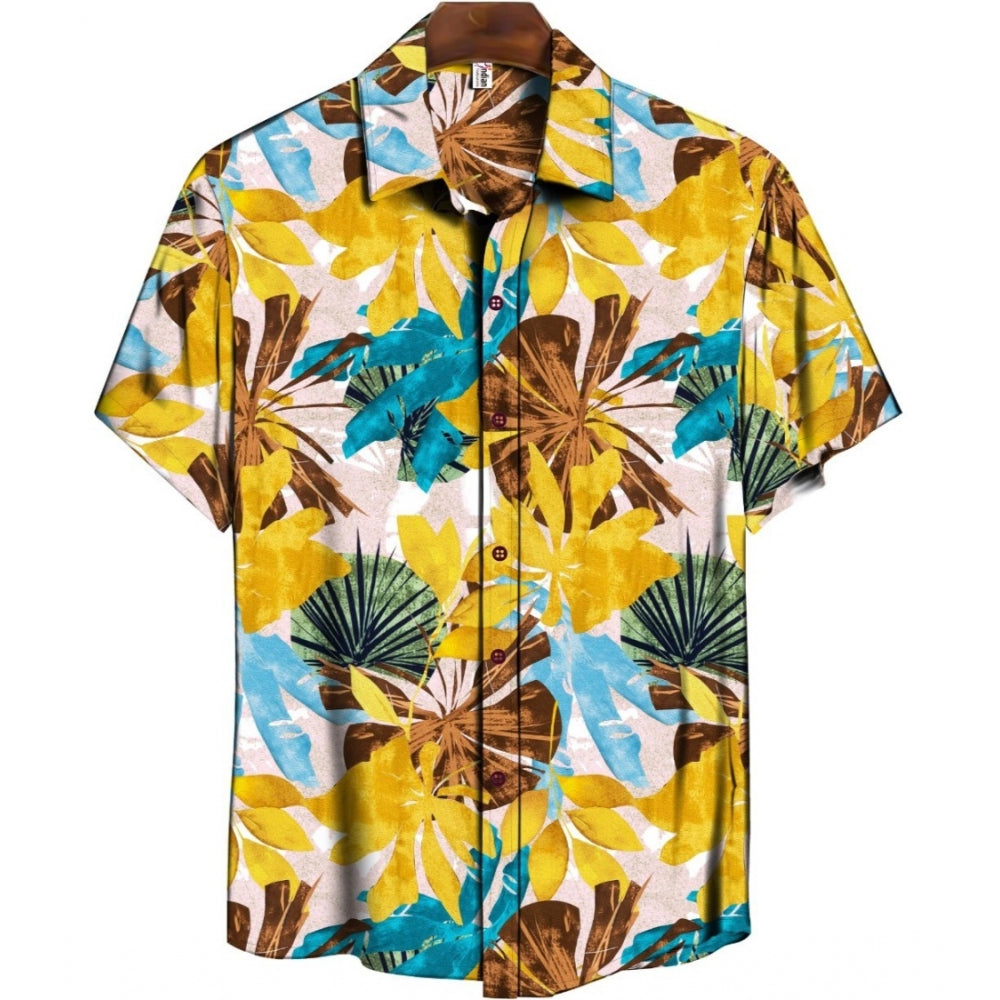 Men's Casual Floral Printed Cotton Blend Unstitched Shirt Fabric — Yellow