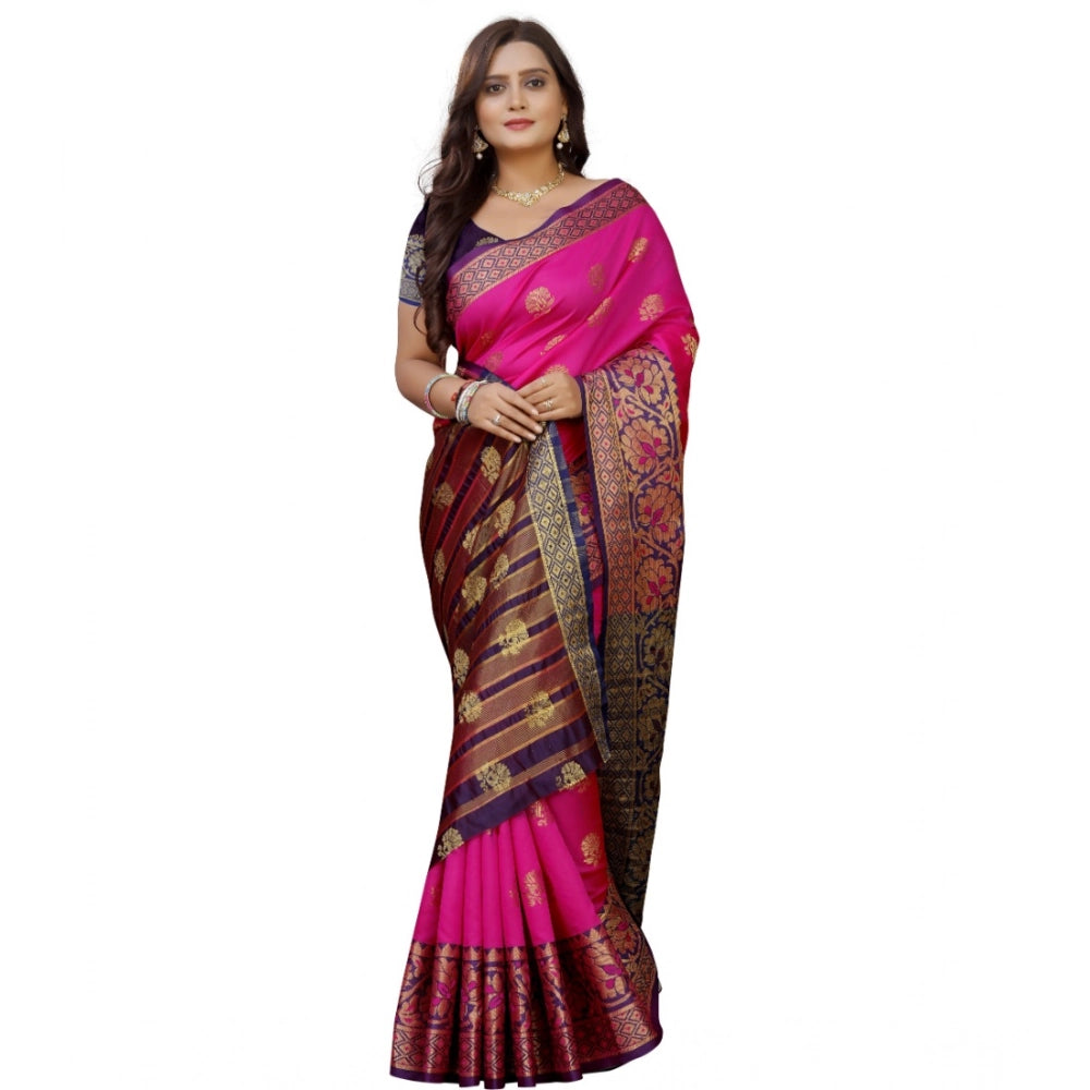 Women's Silk Blend Woven Saree — Pink-Beige