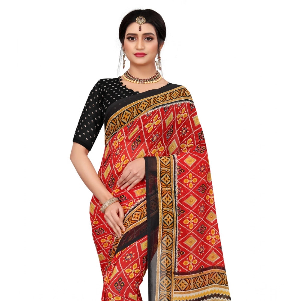 Women's Georgette Floral Print Saree — Red · 1402