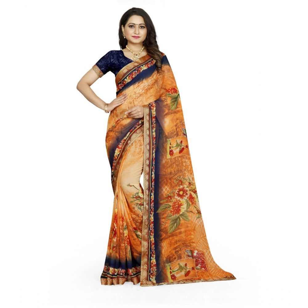 Women's Georgette Floral Print Saree — Blue-Orange