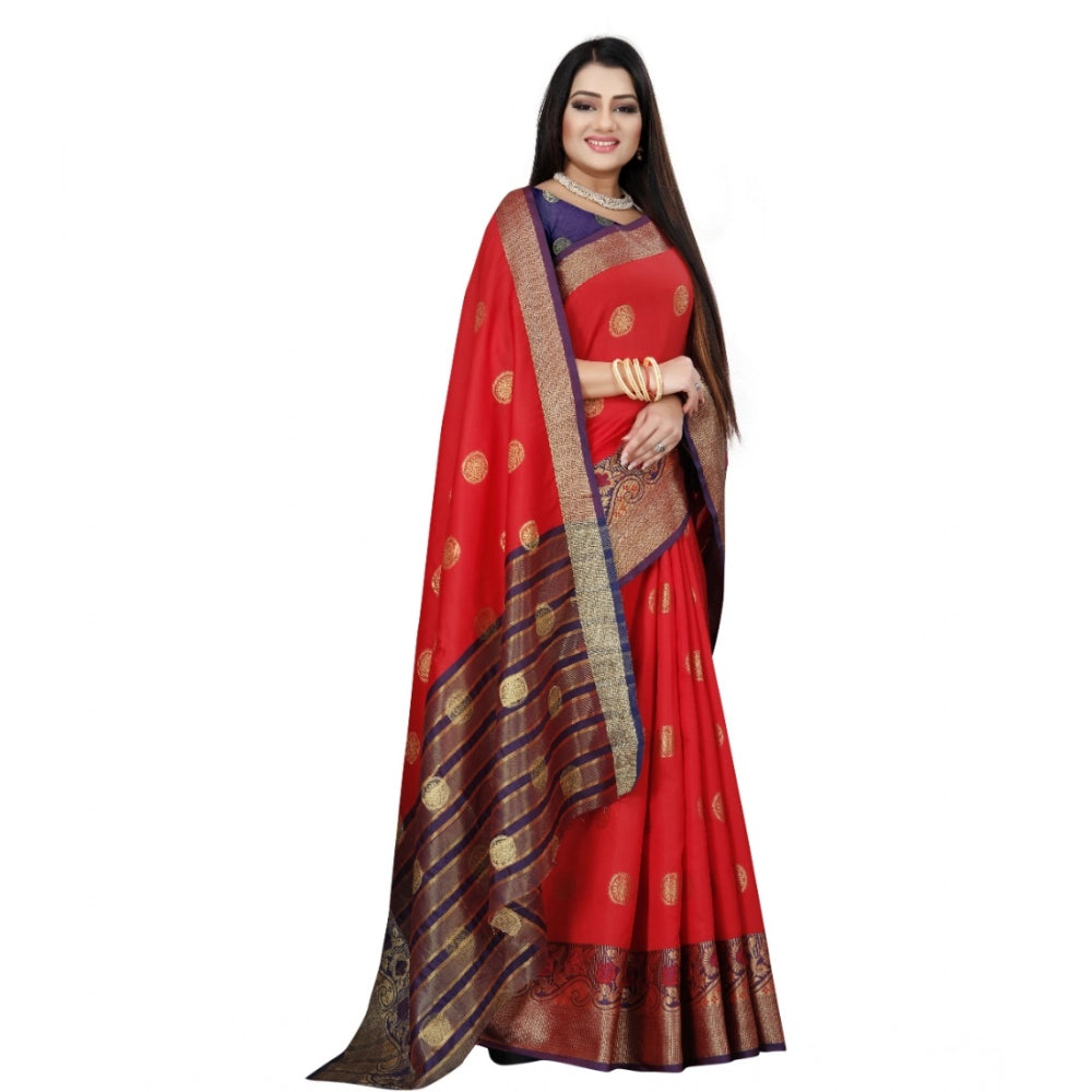 Women's Silk Blend Woven Saree — Red-Blue