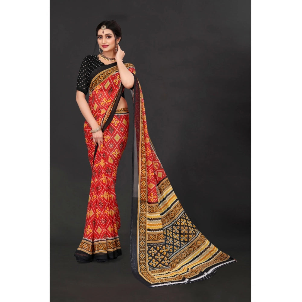 Women's Georgette Floral Print Saree — Red · 1402