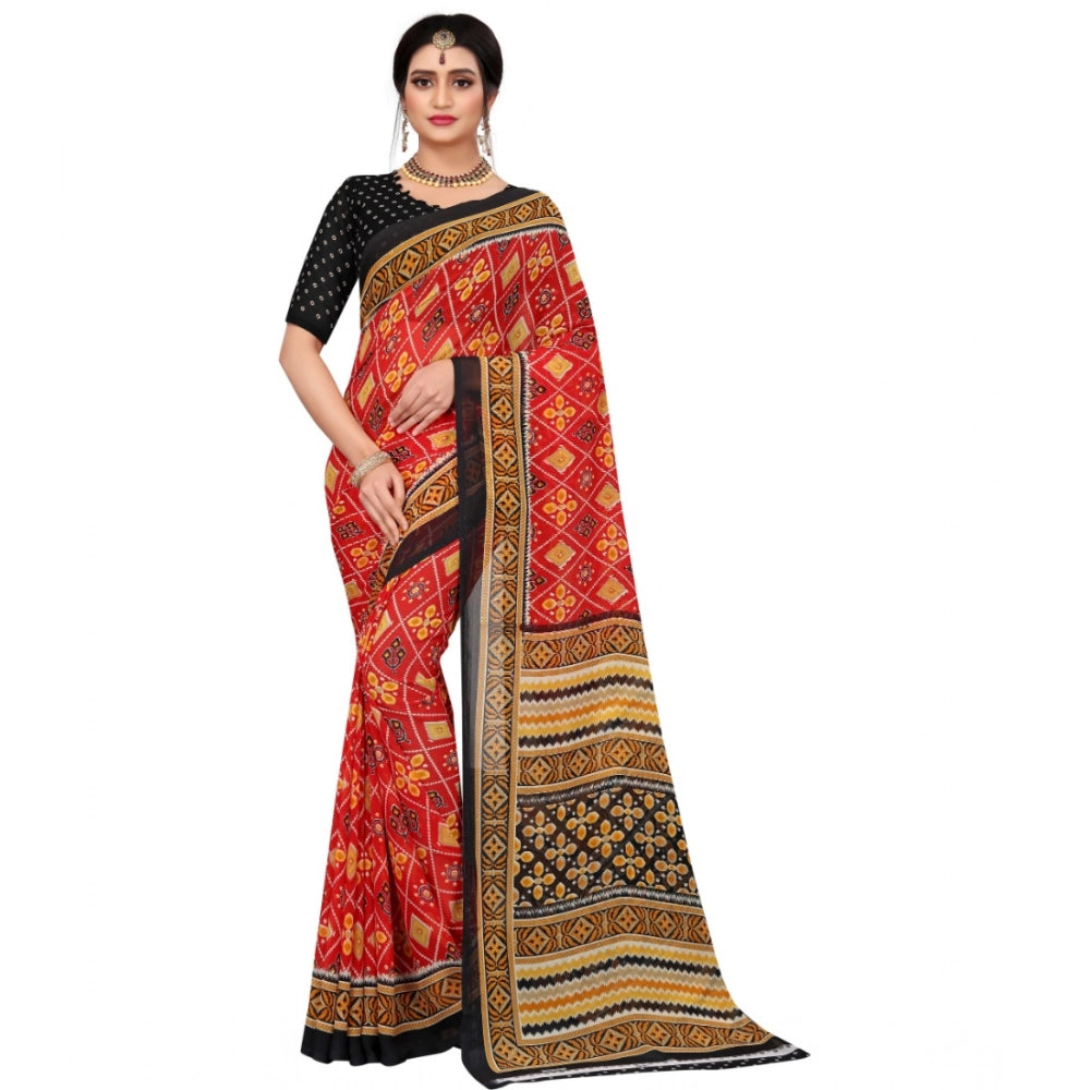 Women's Georgette Floral Print Saree — Red · 1402