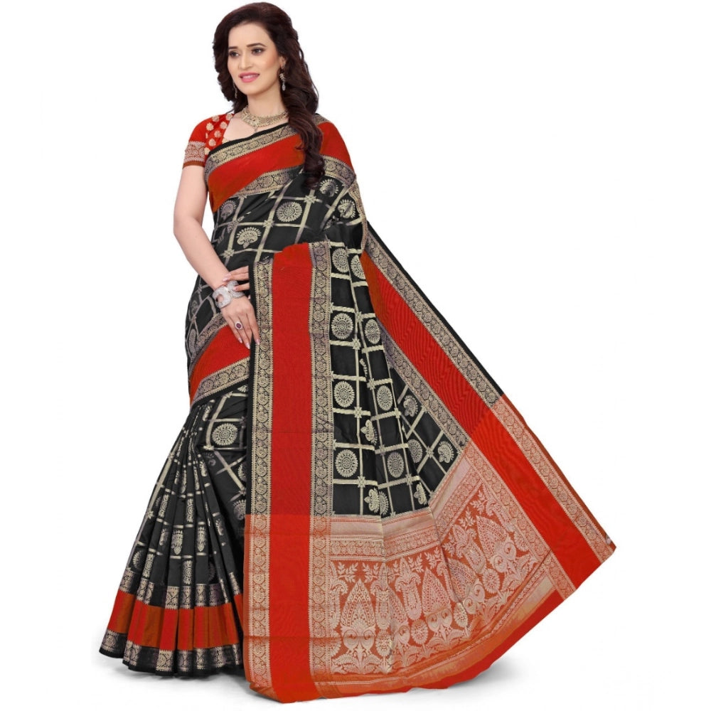 Women's Jacquard Woven Saree — Red-Black