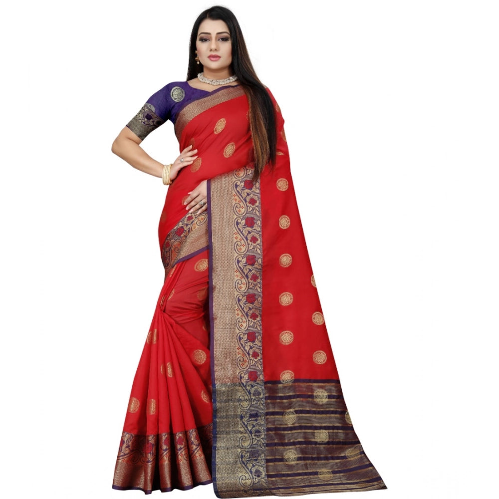 Women's Silk Blend Woven Saree — Red-Blue