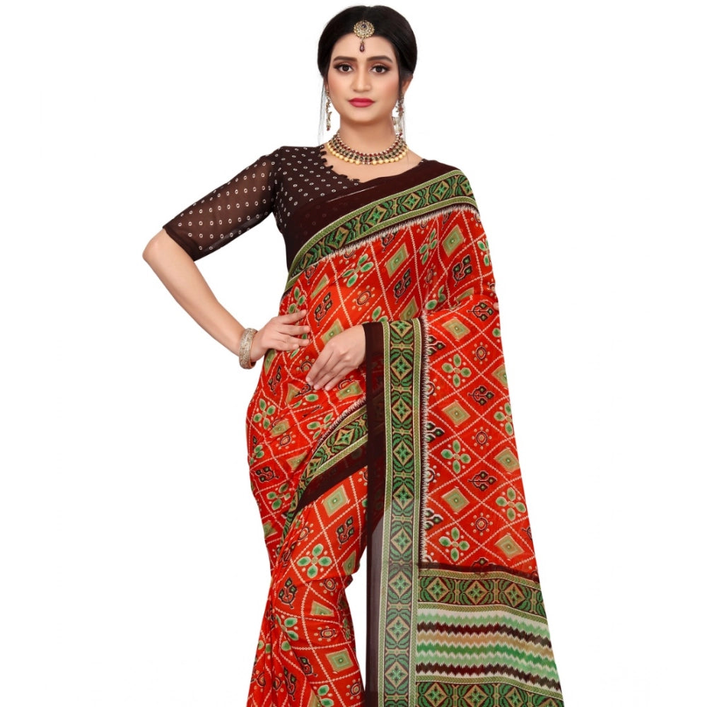 Women's Georgette Floral Print Saree — Red · 1399