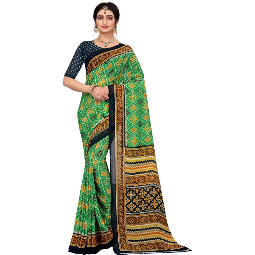 Women's Georgette Floral Print Saree — Light Green