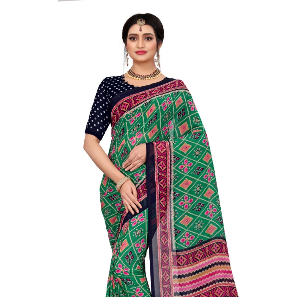 Women's Georgette Floral Print Saree — Green