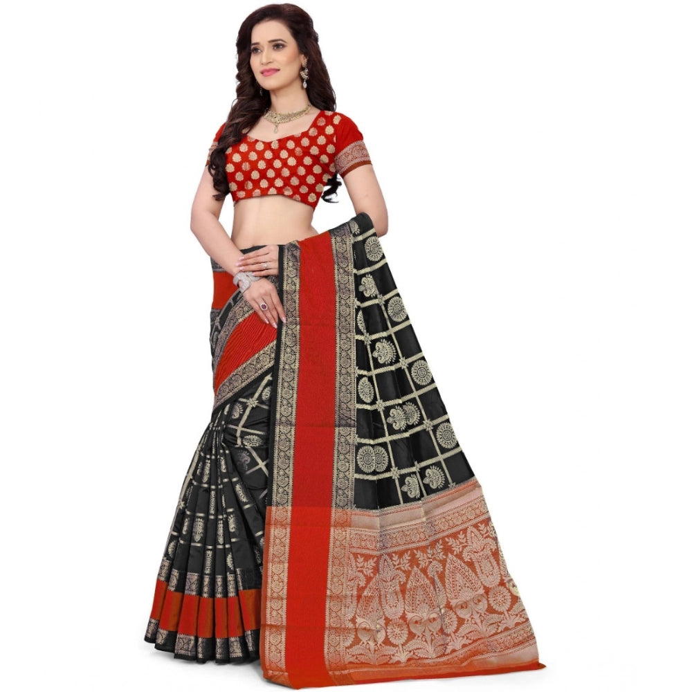 Women's Jacquard Woven Saree — Red-Black