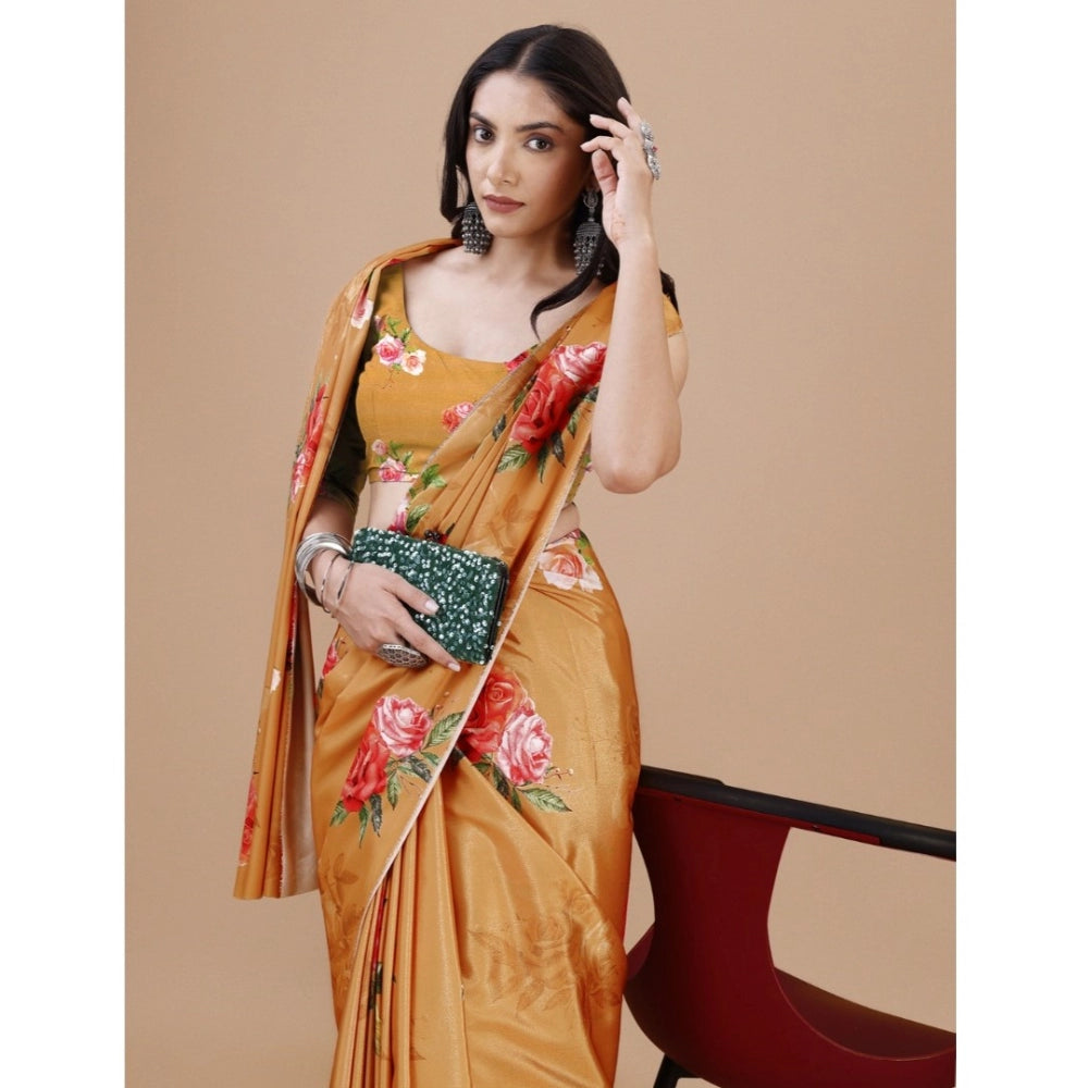 Women's Crepe Digital Print Saree — Mustard