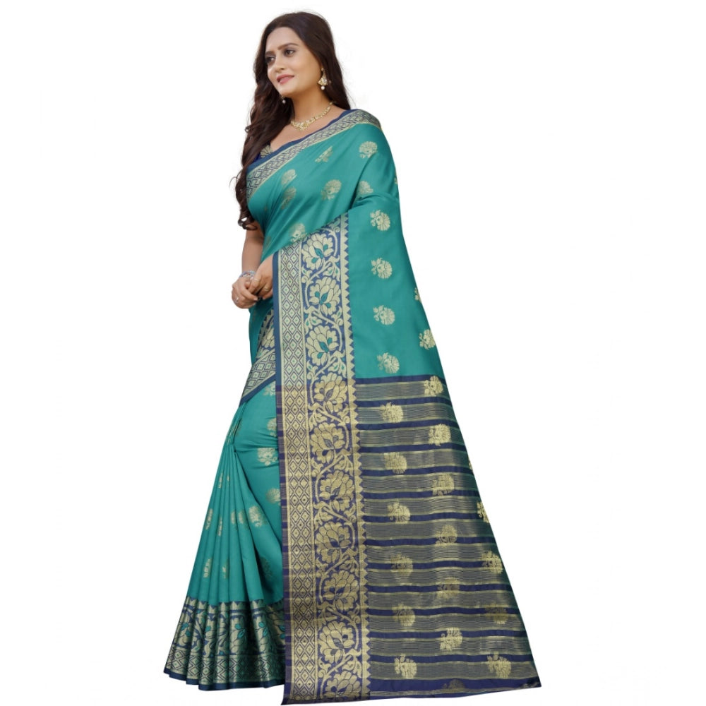 Women's Silk Blend Woven Saree — Dark Blue-Green