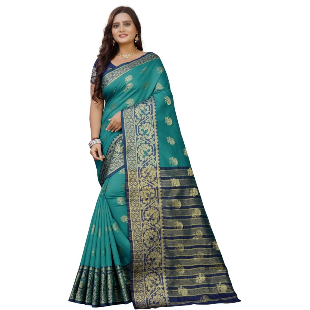 Women's Silk Blend Woven Saree — Dark Blue-Green