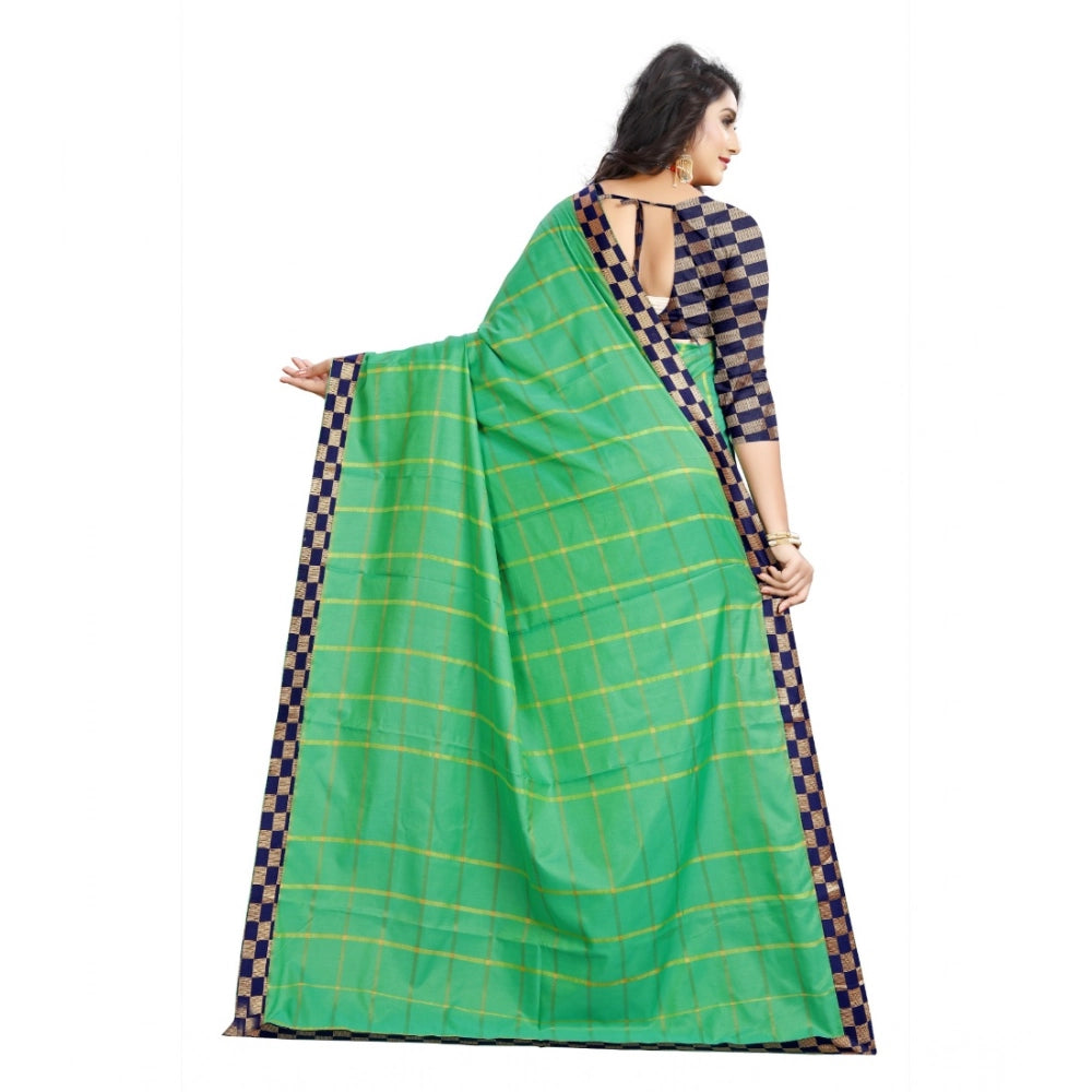 Women's Cotton Silk Checkered Saree — Green