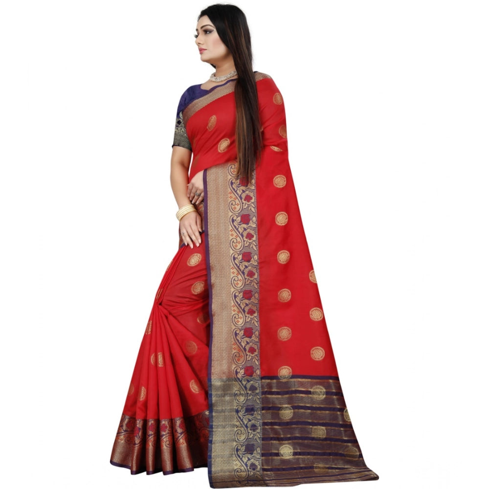 Women's Silk Blend Woven Saree — Red-Blue