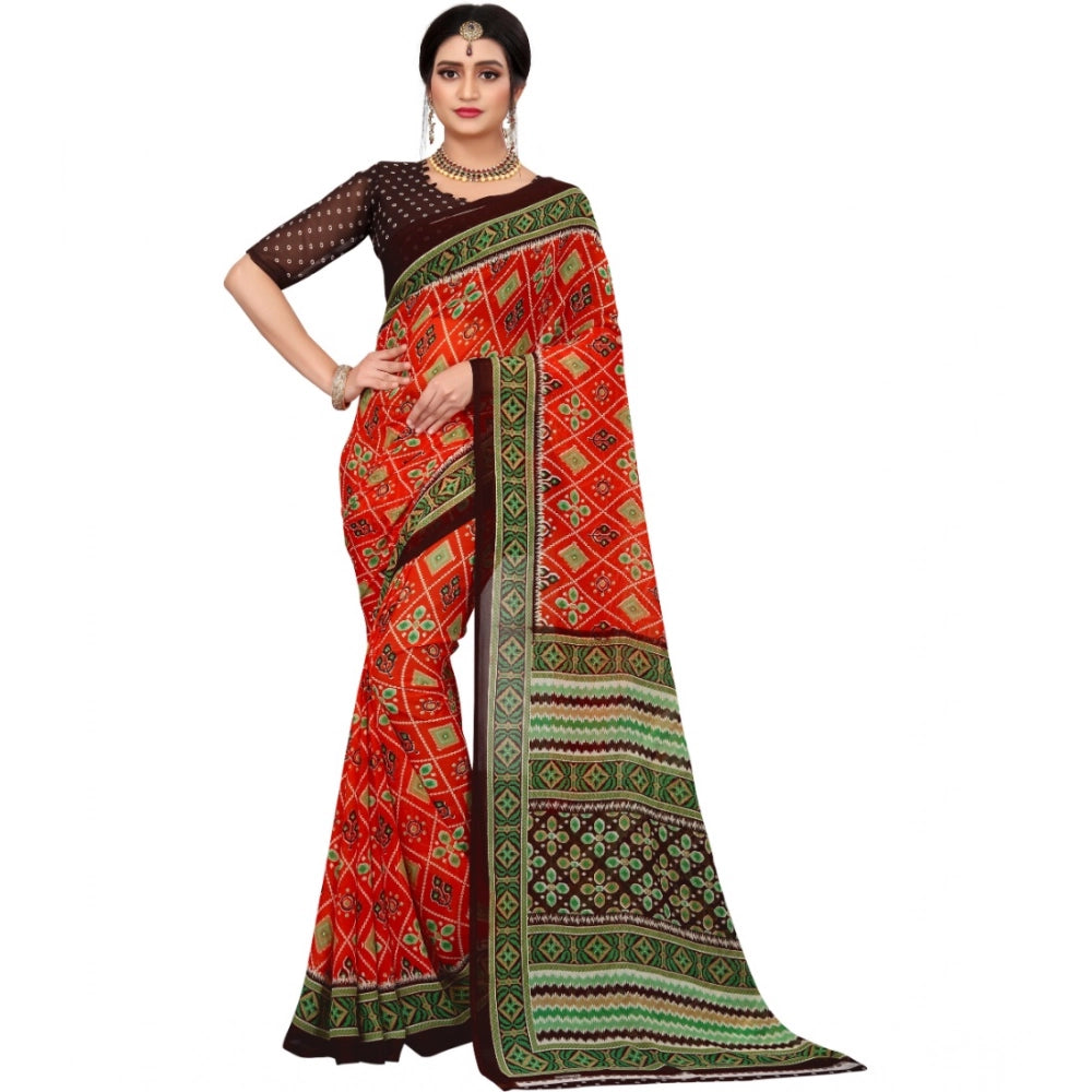 Women's Georgette Floral Print Saree — Orange