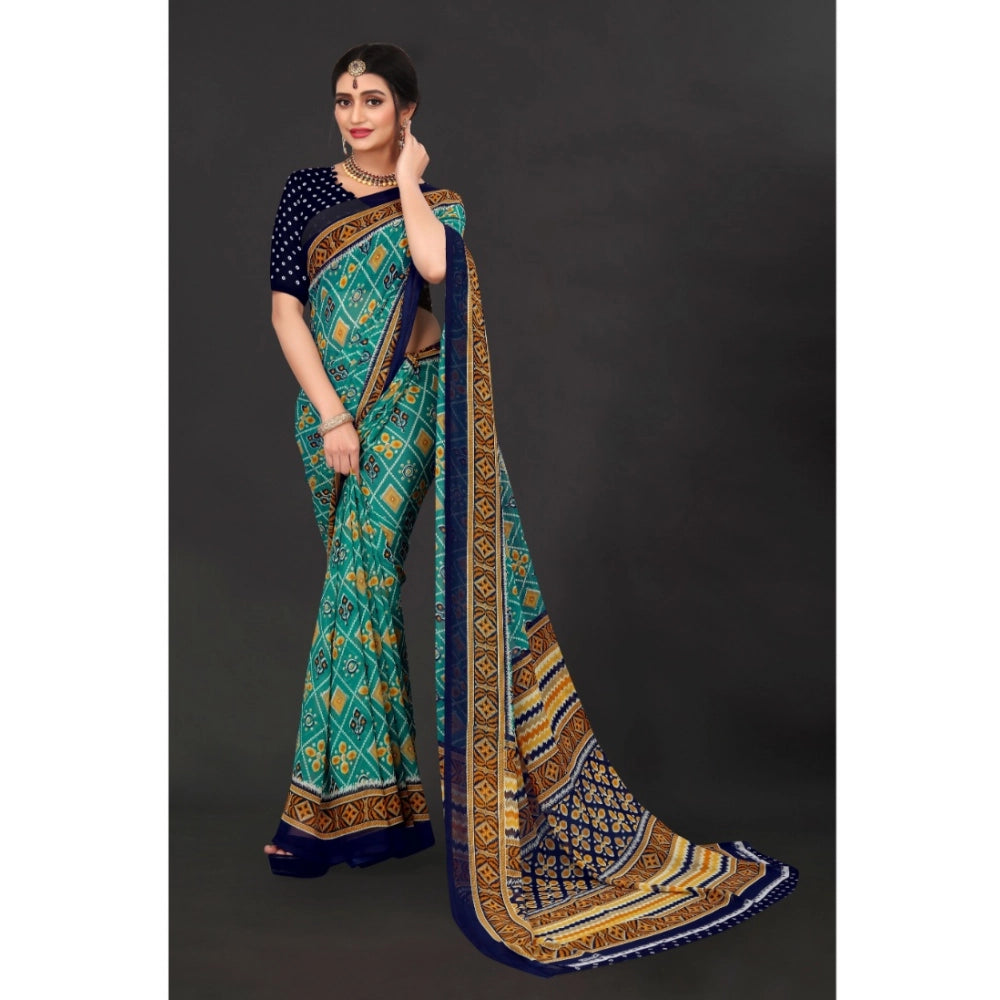 Women's Georgette Floral Print Saree — Dark Green