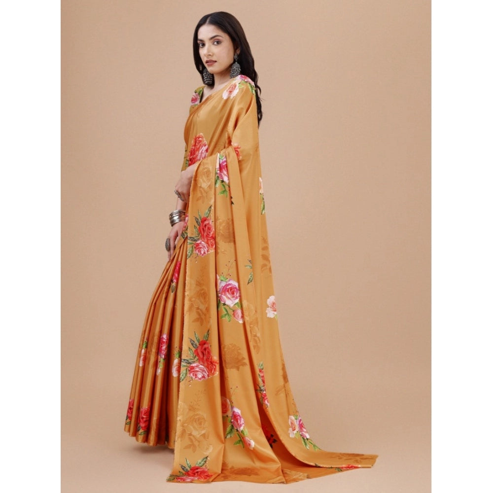 Women's Crepe Digital Print Saree — Mustard
