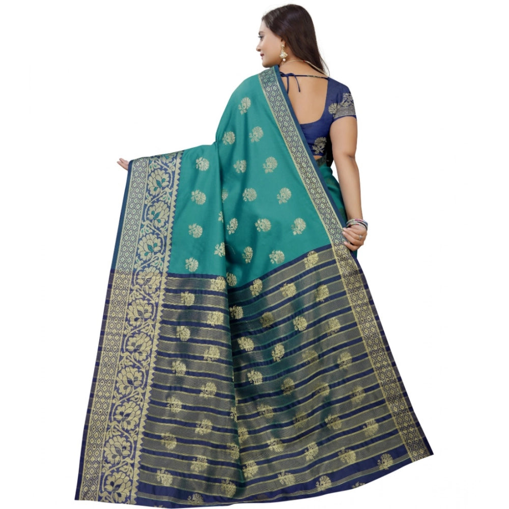 Women's Silk Blend Woven Saree — Dark Blue-Green