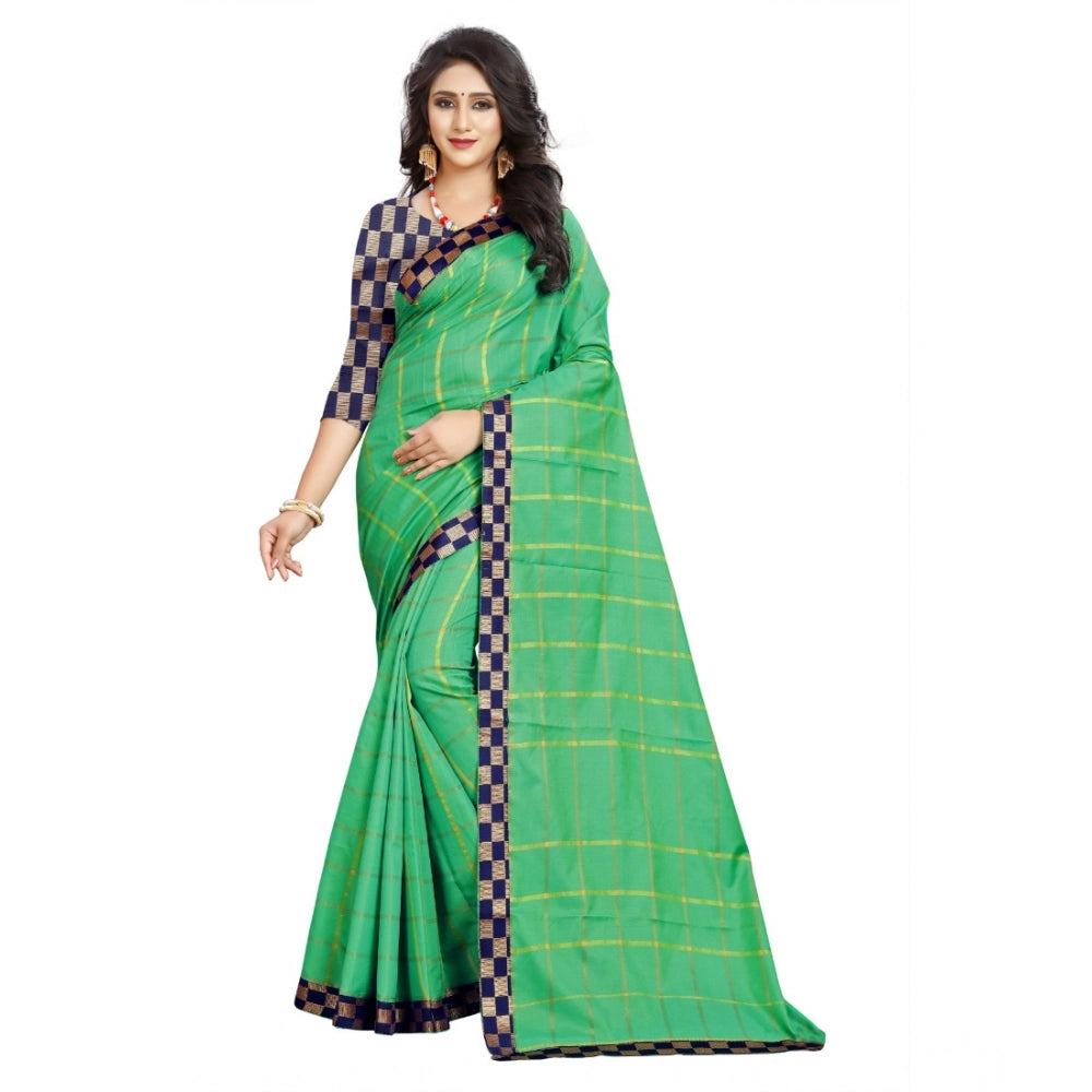 Women's Cotton Silk Checkered Saree — Green