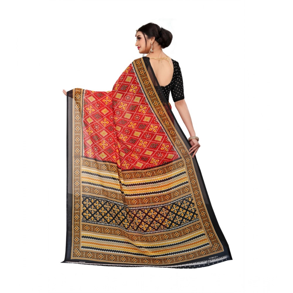 Women's Georgette Floral Print Saree — Red · 1402