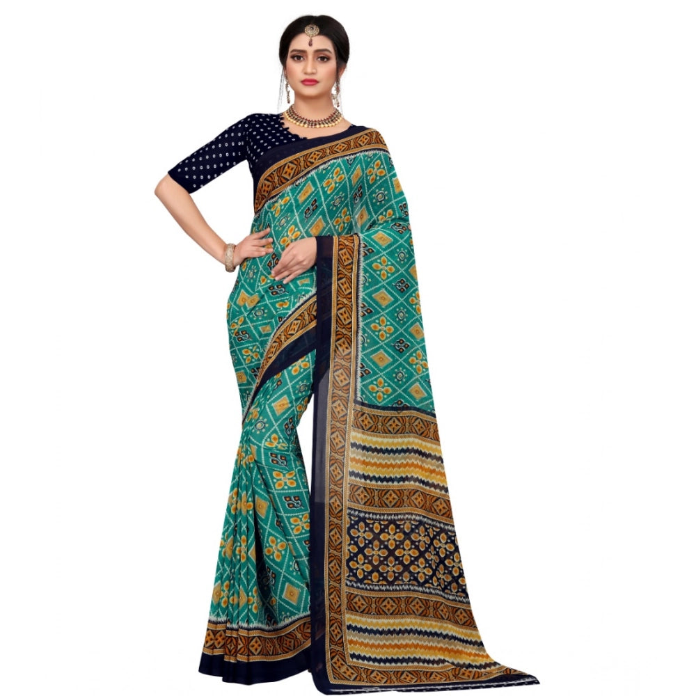 Women's Georgette Floral Print Saree — Dark Green