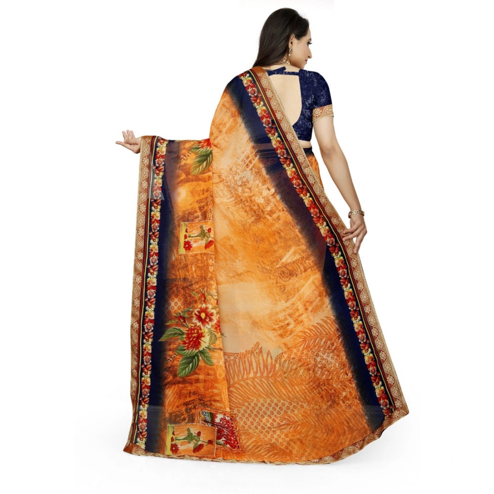 Women's Georgette Floral Print Saree — Blue-Orange