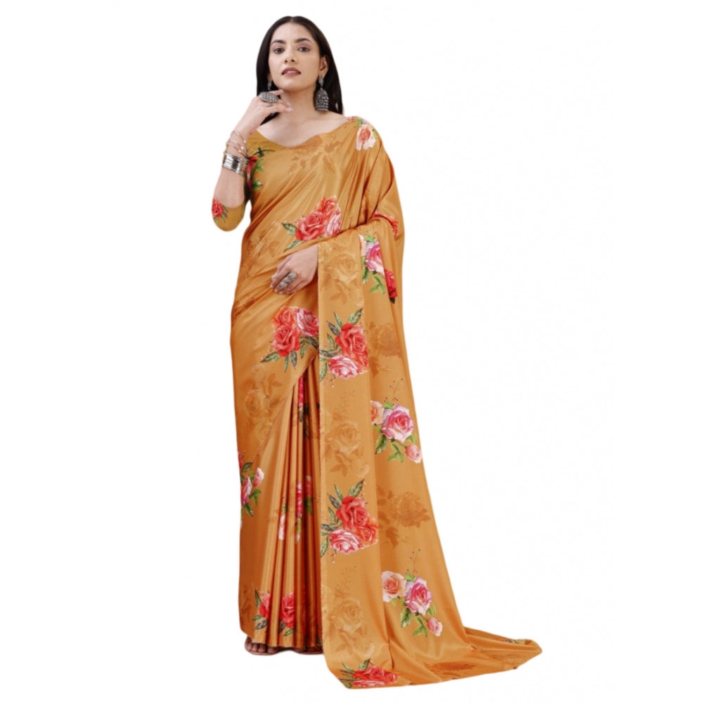 Women's Crepe Digital Print Saree — Mustard