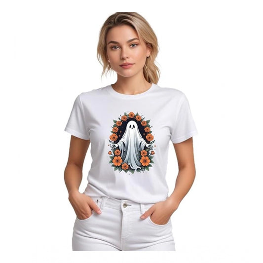 Women's Solid Printed Round Neck Half Sleeve T-Shirt — White · r1_L