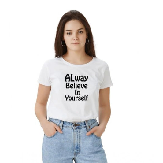 Women's Solid Printed Round Neck Half Sleeve T-Shirt — White · ve_L