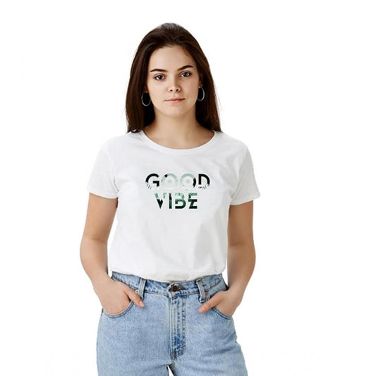 Women's Solid Printed Round Neck Half Sleeve T-Shirt — White · be_L