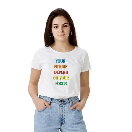 Women's Solid Printed Round Neck Half Sleeve T-Shirt — White · nd_L