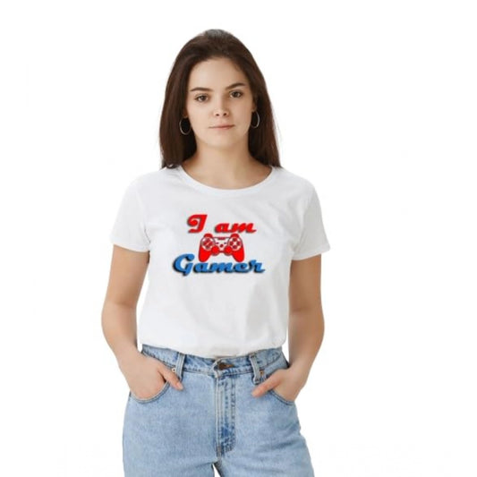 Women's Solid Printed Round Neck Half Sleeve T-Shirt — White · er_L